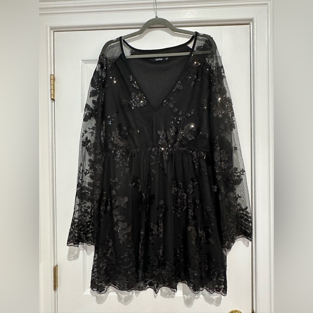 Boohoo Plus Black Sequin Skater Dress 2X Wrap V-Neck Sheer Sleeve